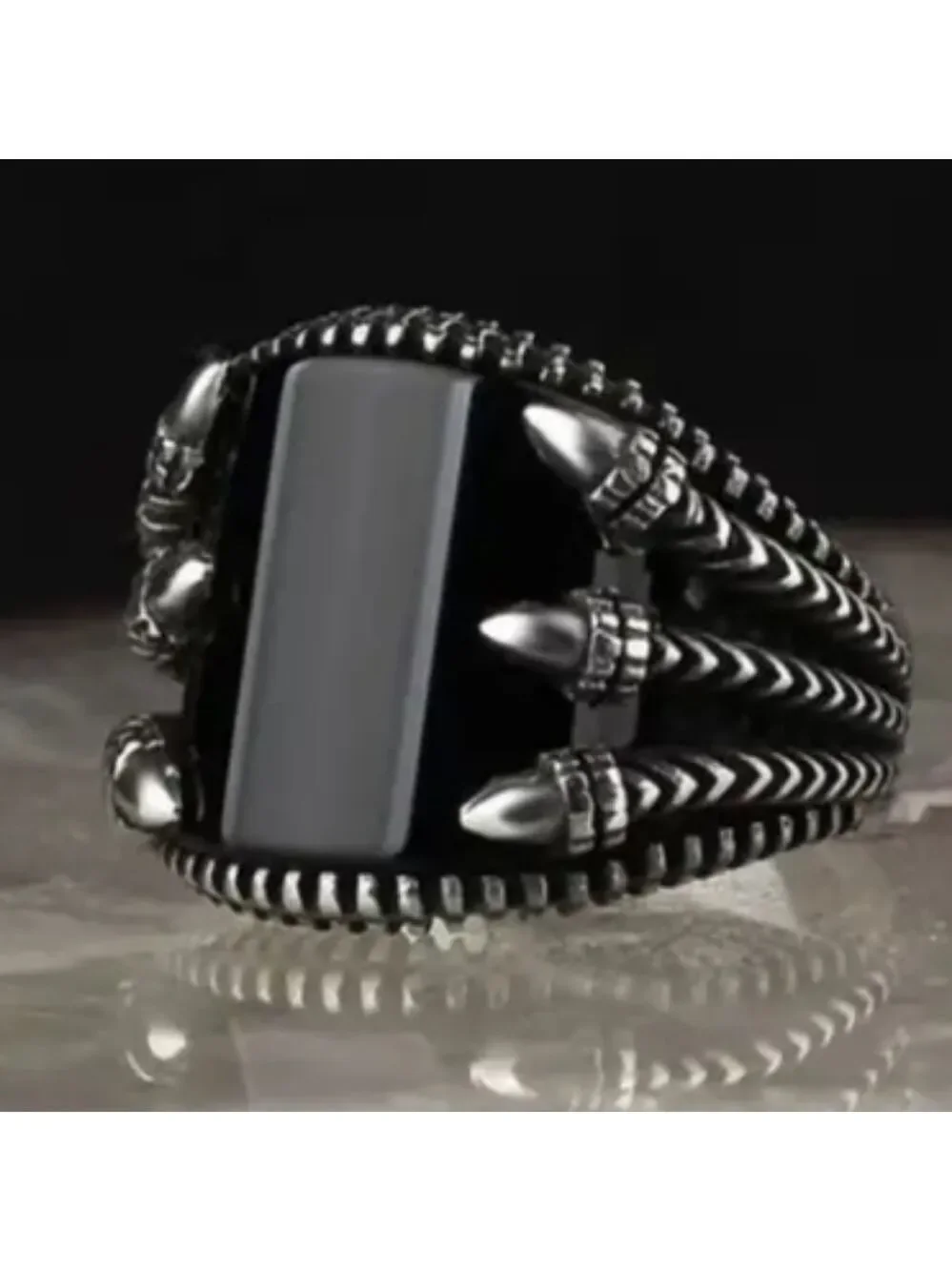 Black Gemstone Silvertone Eagle Claw Men's Ring